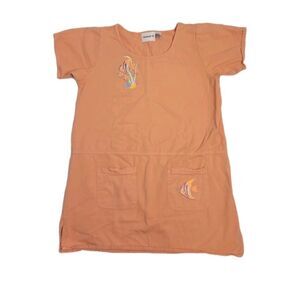 VINTAGE 90s dress orange embroidered tropical fish cotton shift 1X‎